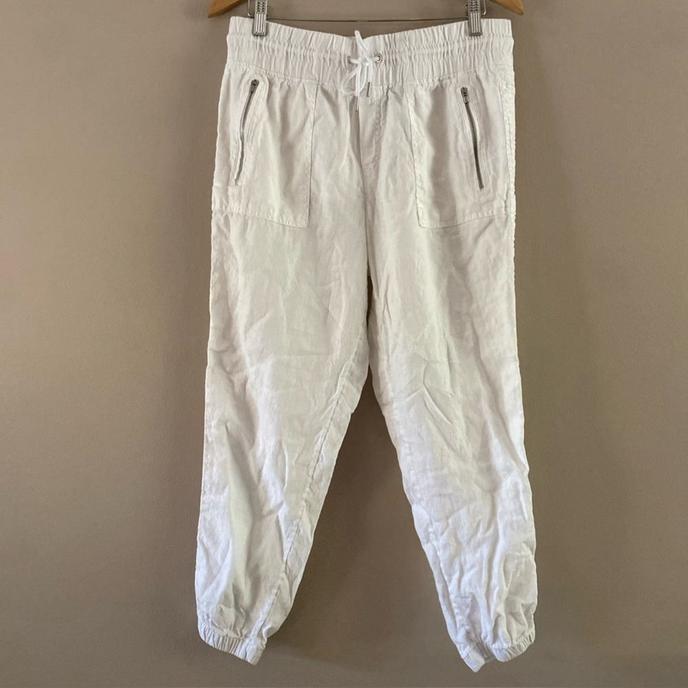 Athleta Women’s White Cabo Linen High Rise Silver Zip Drawstring Joggers Size 10 - Picture 4 of 16